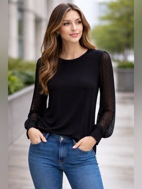 Black Long Sleeve sweater Top with Sheer polka dot Sleeves
